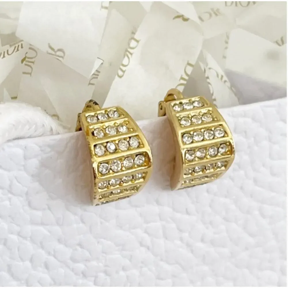 DIOR Vintage 1980s Whole Shining Half Dome Hoop Crystal Clip Earrings
